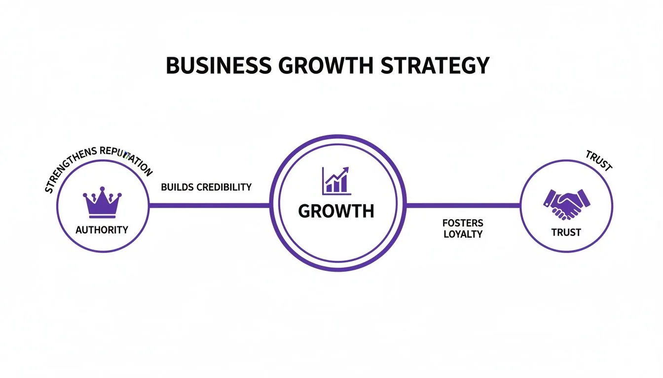 Business growth strategy diagram showing authority building credibility for growth, fostering loyalty leading to trust.