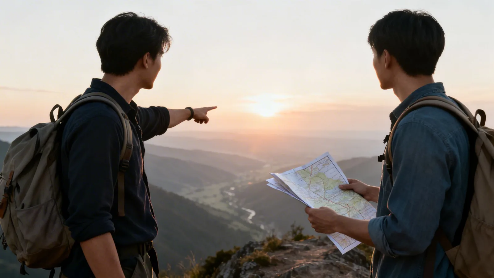 Two hikers with backpacks on a mountain peak at sunset, one pointing while the other holds a map.