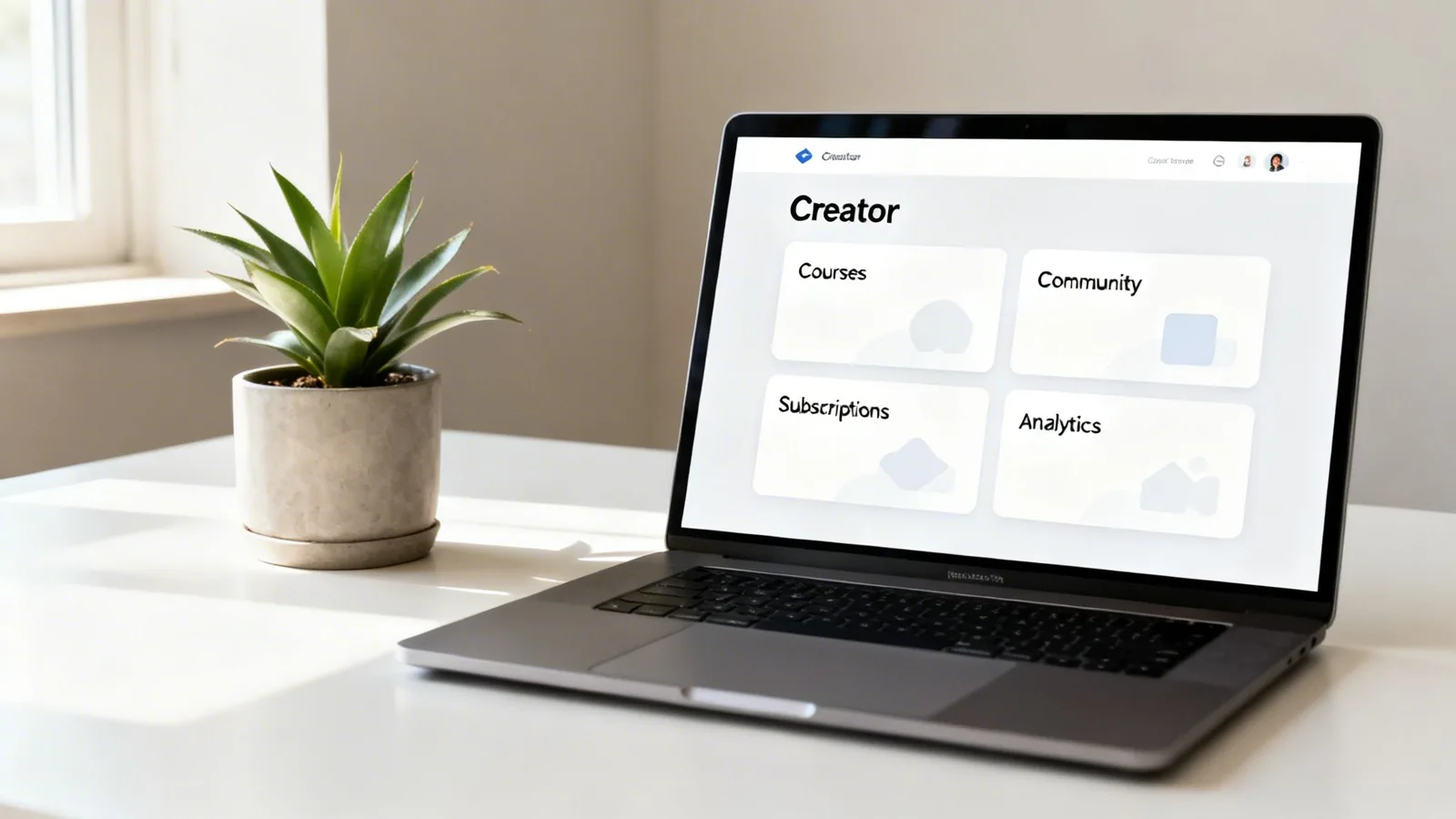 A laptop displays a 'Creator' dashboard with options for courses, community, subscriptions, and analytics, on a desk next to a plant.