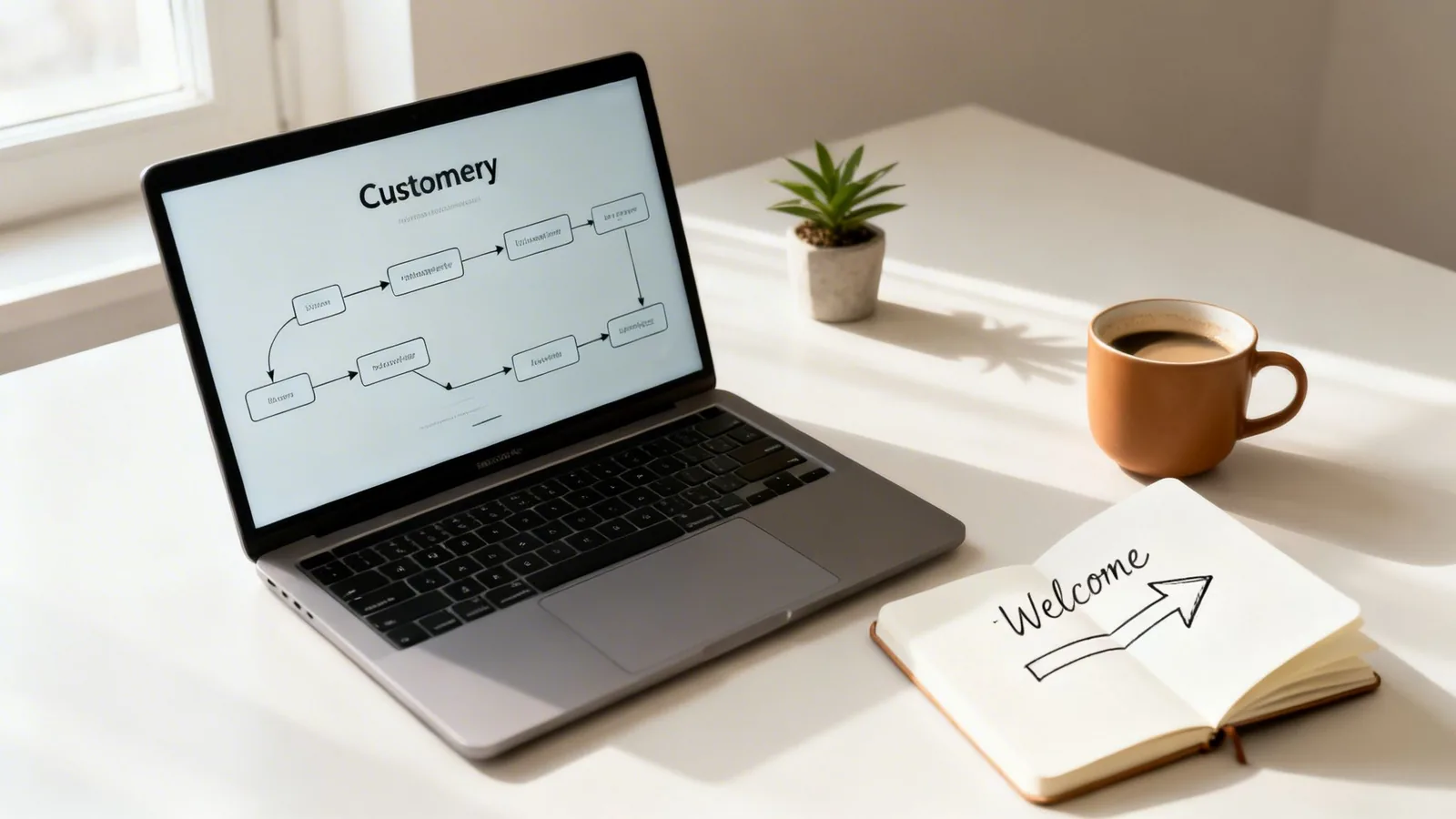 A laptop displaying a customer journey map, coffee, a plant, and a 'Welcome' notebook on a desk.