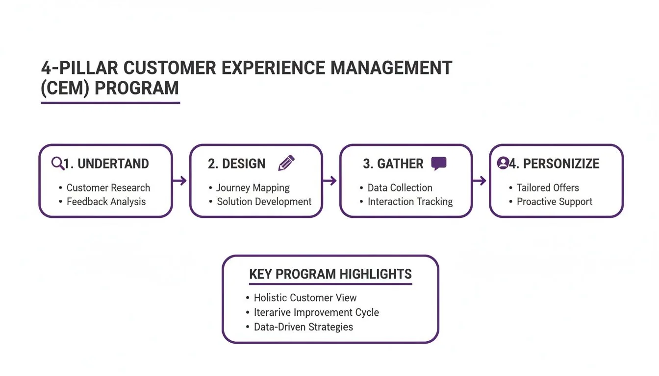 Flowchart illustrating a 4-pillar customer experience management program with steps: Understand, Design, Gather, Personalize, and program highlights.