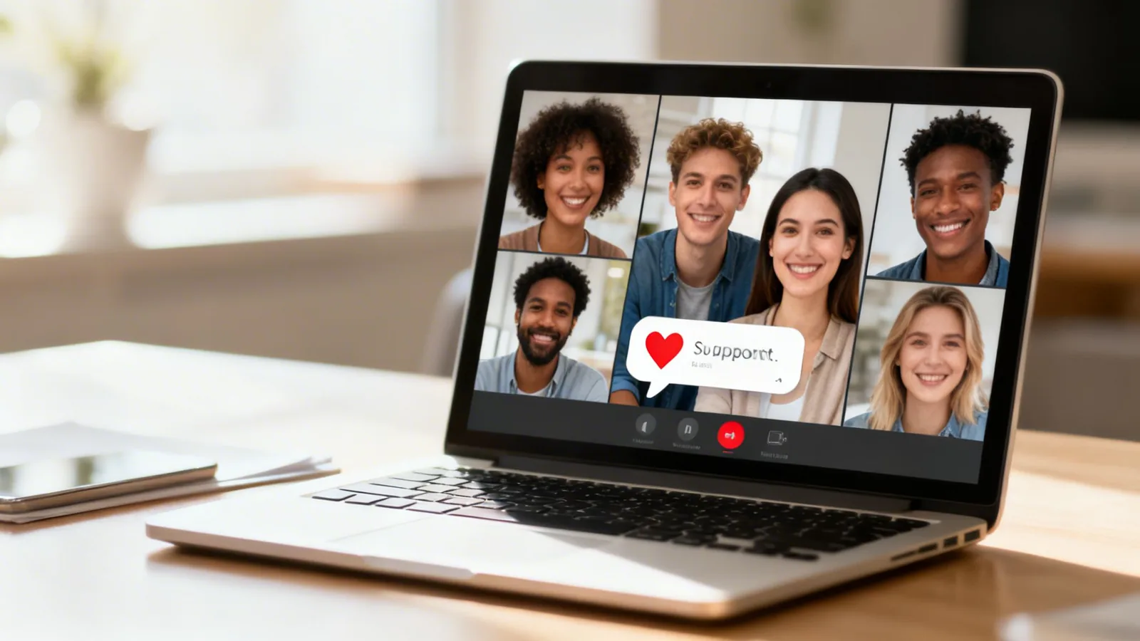 Diverse group of happy people on a video call, showing support and connection on a laptop.
