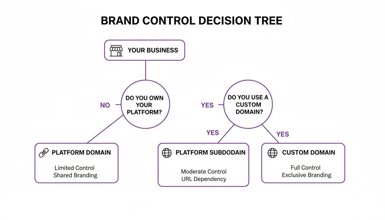 Decision tree illustrating brand control levels based on platform ownership and custom domain usage.