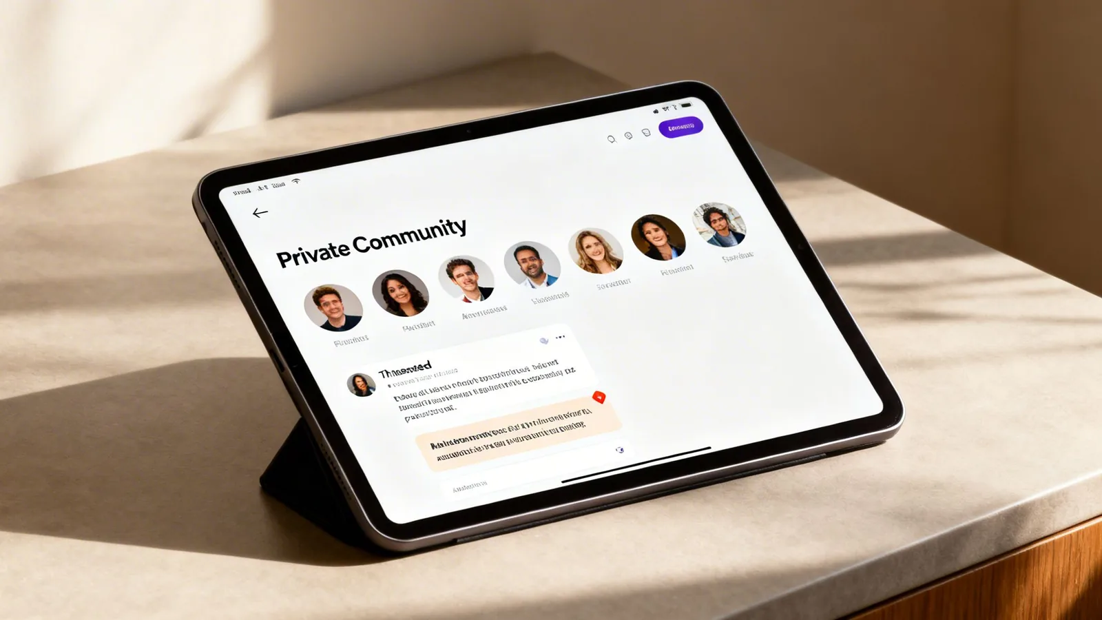 An iPad on a stand displaying an online 'Private Community' app with multiple user profiles and chat messages.