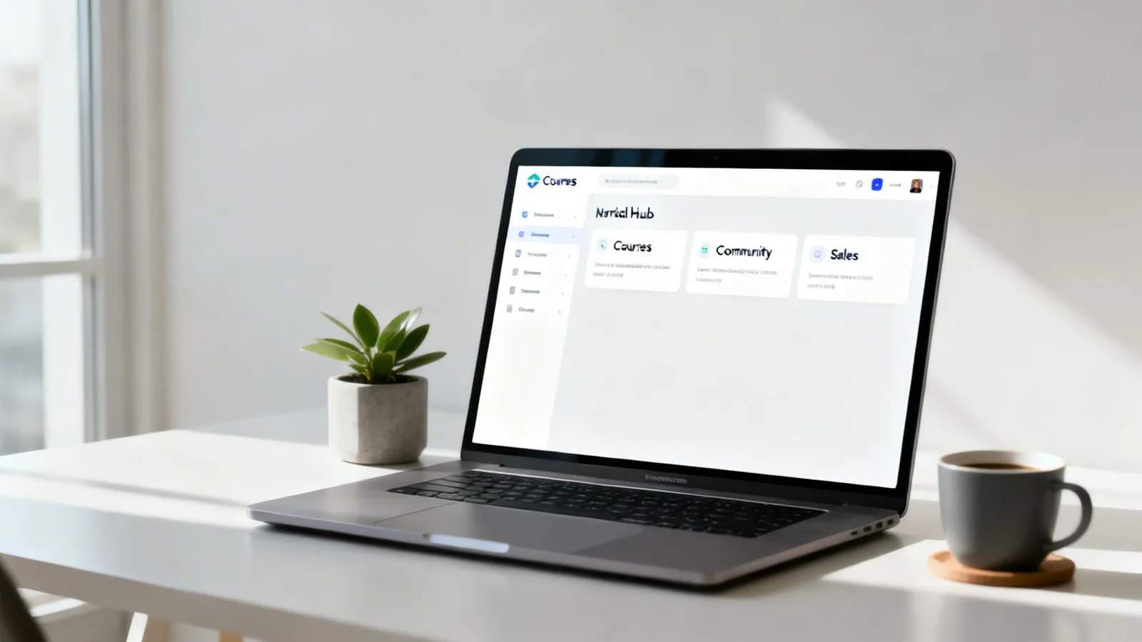 Laptop on a white desk showing an online courses platform, with a plant and coffee cup.