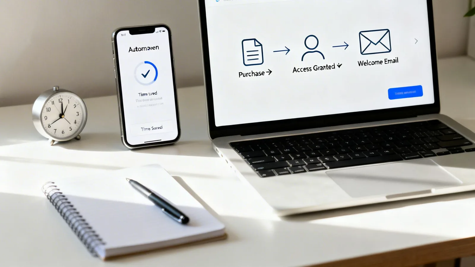 A desk with a laptop displaying a purchase workflow and a smartphone showing a 'time saved' automation.