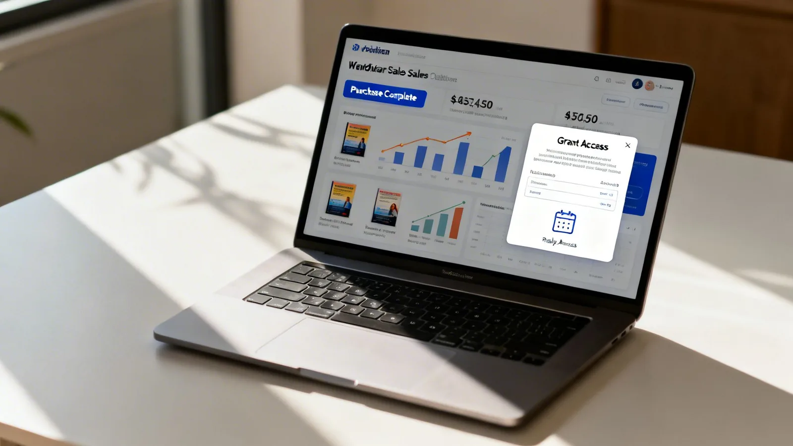 A MacBook Pro displaying a sales dashboard with charts and a 'Grant Access' modal on a white desk.