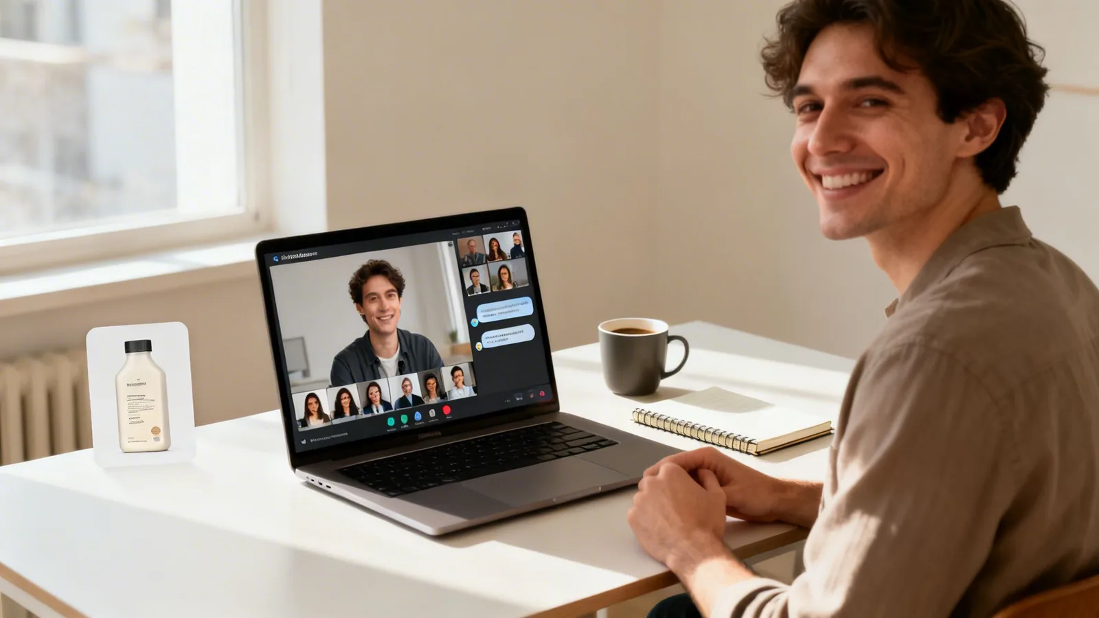 A smiling man sits at a desk with a laptop, participating in a video call. A product bottle and coffee mug are on the table.