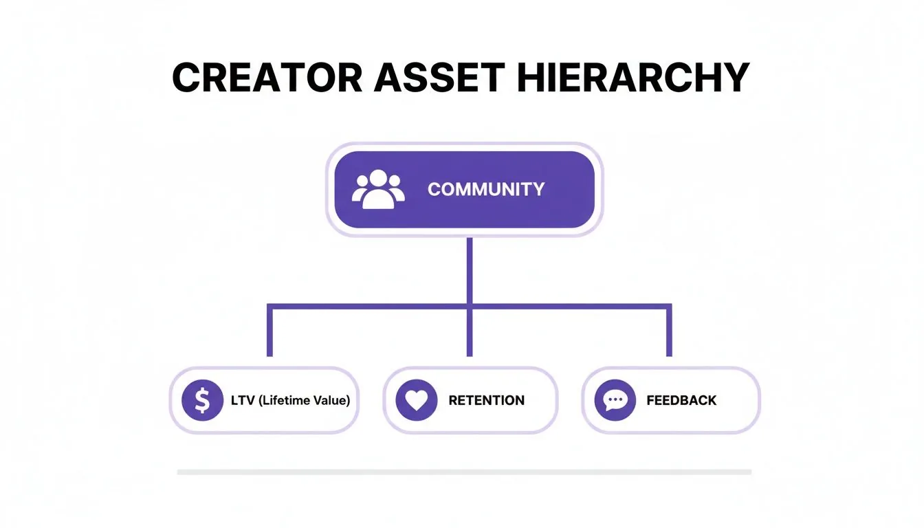 A diagram illustrating the Creator Asset Hierarchy, with Community as the primary asset leading to LTV, Retention, and Feedback.