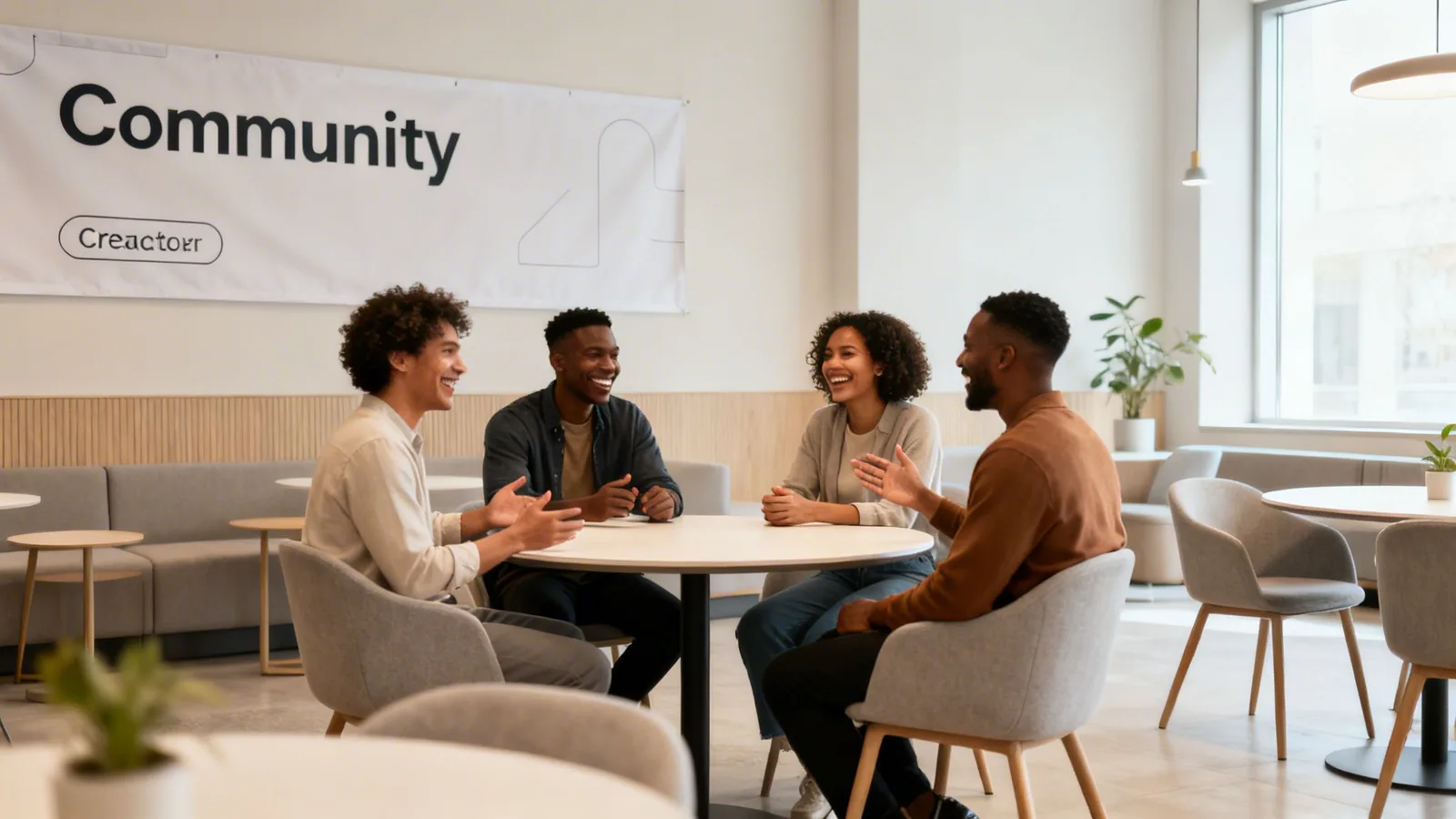 Four diverse young professionals laugh and chat around a table in a modern office lounge.