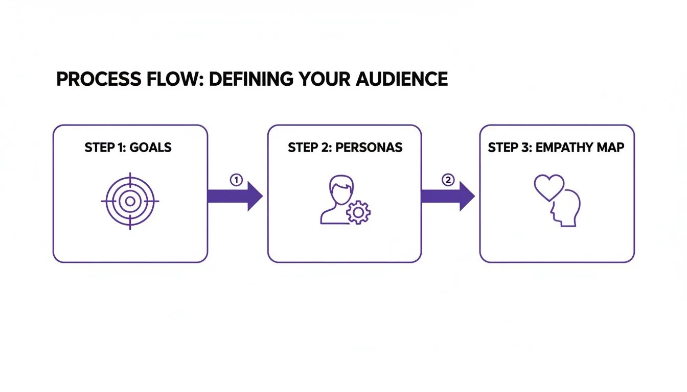 A three-step process flow illustrating how to define your audience: Goals, Personas, and Empathy Map.