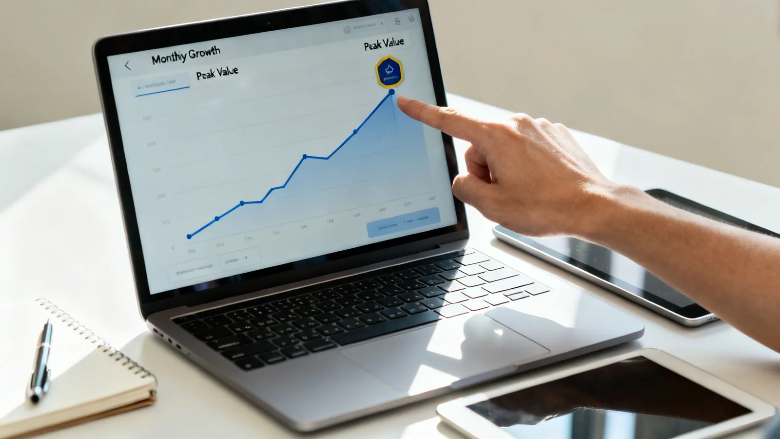 A hand points at a laptop screen displaying a 'Monthly Growth' chart with 'Peak Value' highlighted.