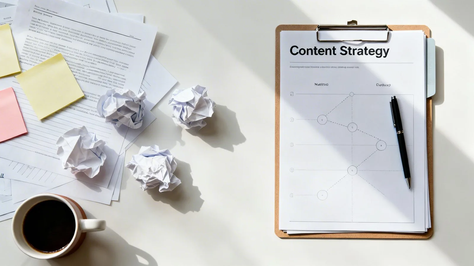 Flat lay of a desk with "Content Strategy" documents, crumpled paper, sticky notes, pen, and coffee.