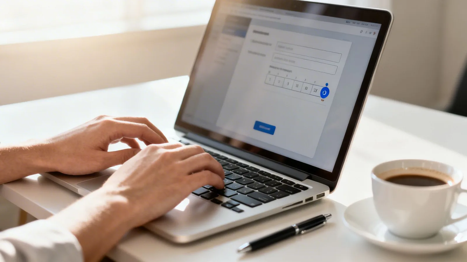 Ręce osoby pracującej na laptopie na białym biurku, obok kawa i długopis. Ekran wyświetla formularz online.