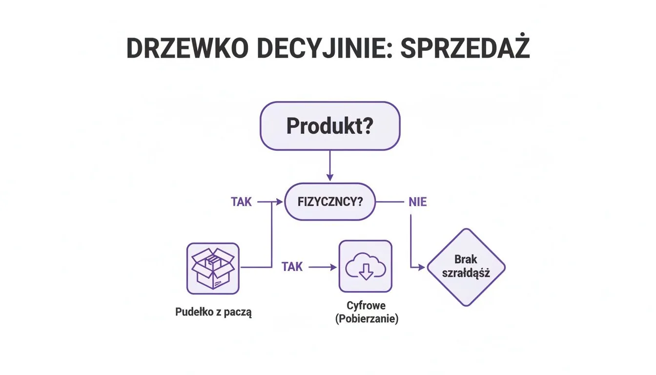 Drzewko decyzyjne dotyczące sprzedaży produktu, rozróżniające produkty fizyczne (pudełko z paczką) od cyfrowych (do pobrania) lub braku sprzedaży.