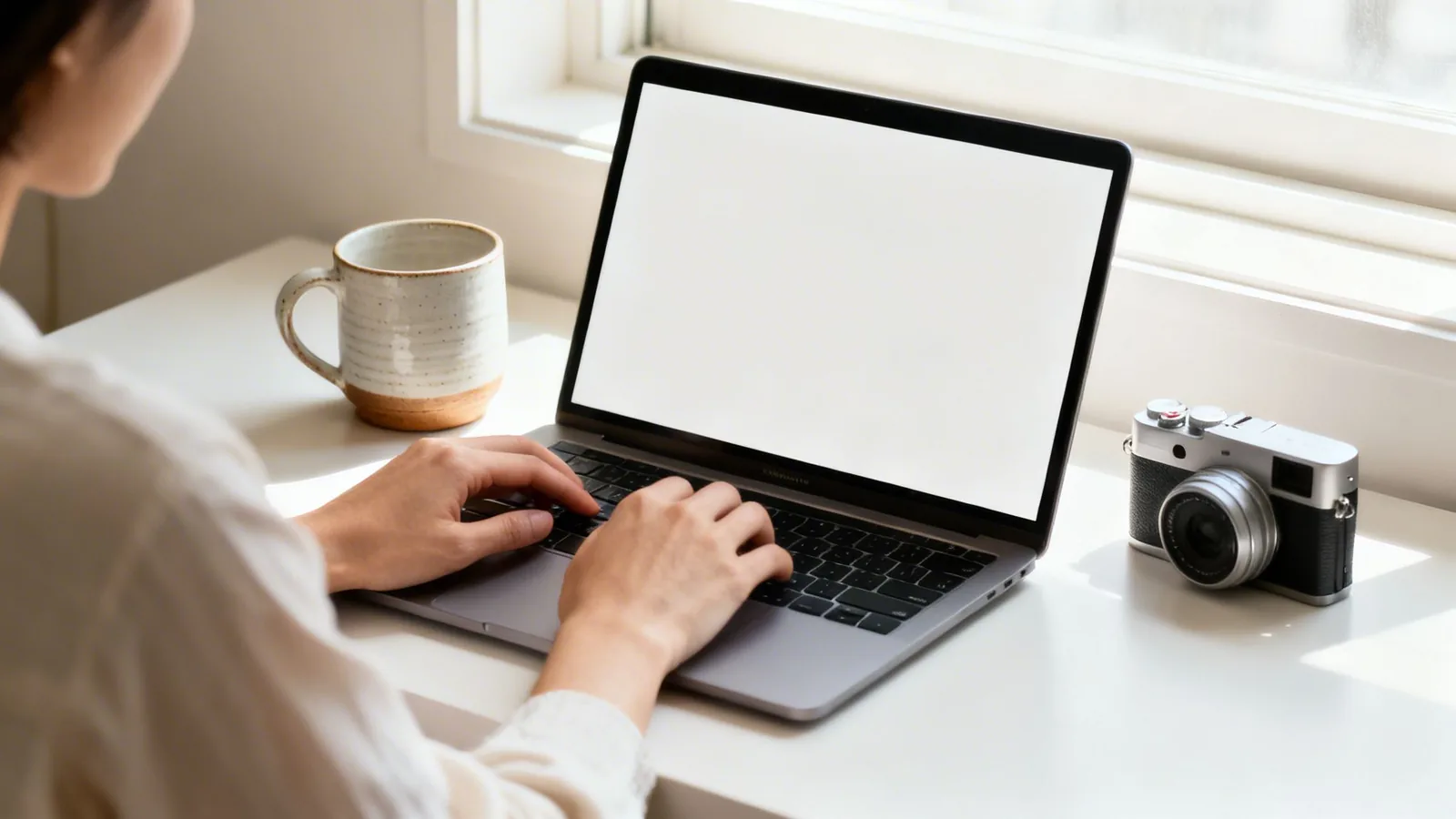 Osoba pracuje na laptopie z pustym ekranem przy oknie, obok kubek i aparat fotograficzny na biurku.