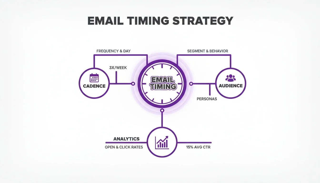 Diagram illustrating an email timing strategy, connecting cadence, audience, and analytics for optimal results.