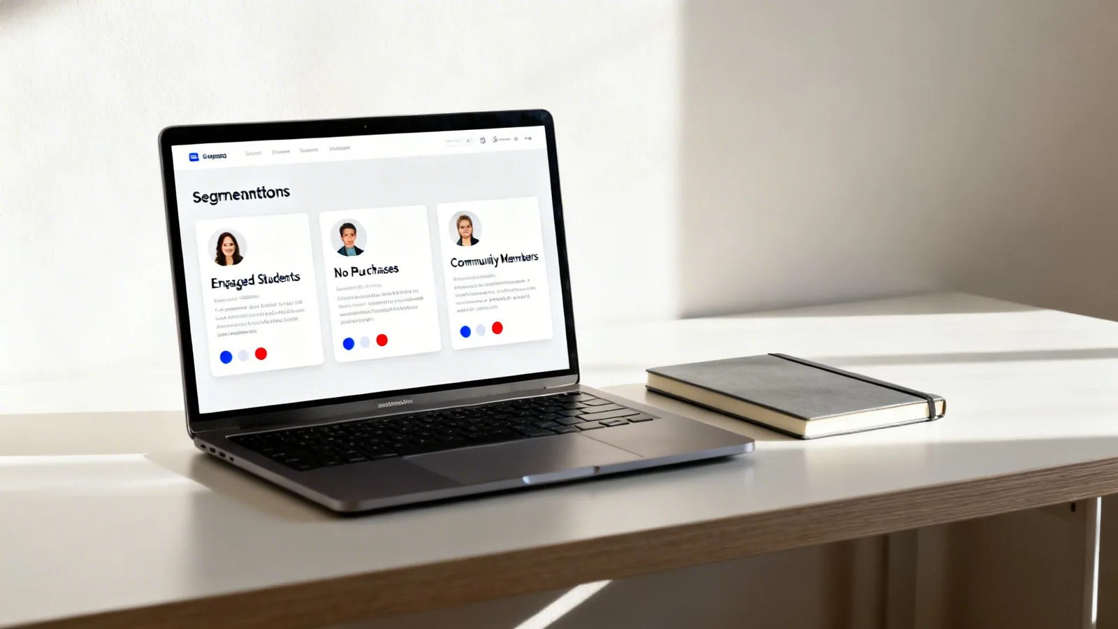 A laptop on a white desk displaying customer segmentation software with user profiles and categories.