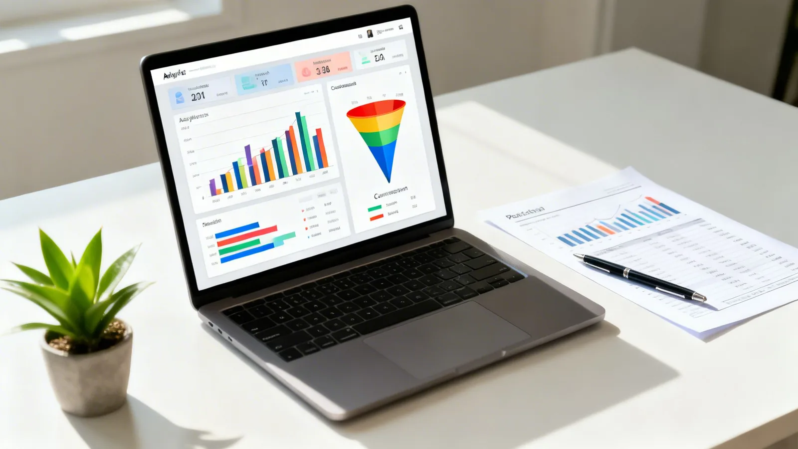 A clean desk setup featuring a laptop displaying data analytics charts and a business document.
