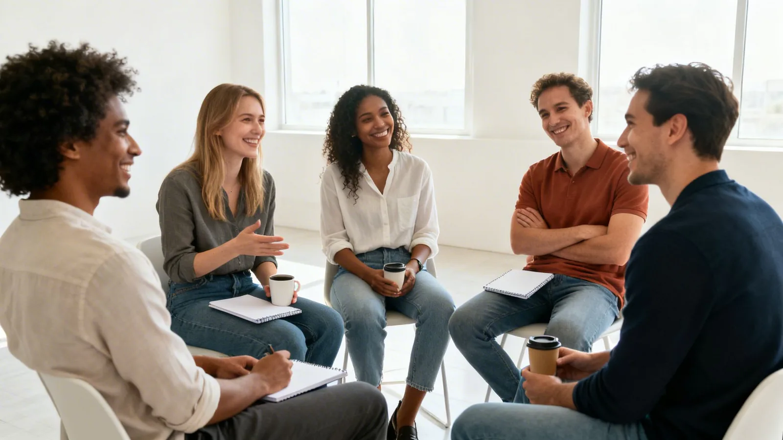 Diverse young adults smiling, engaged in a discussion group meeting, holding coffee and notebooks.