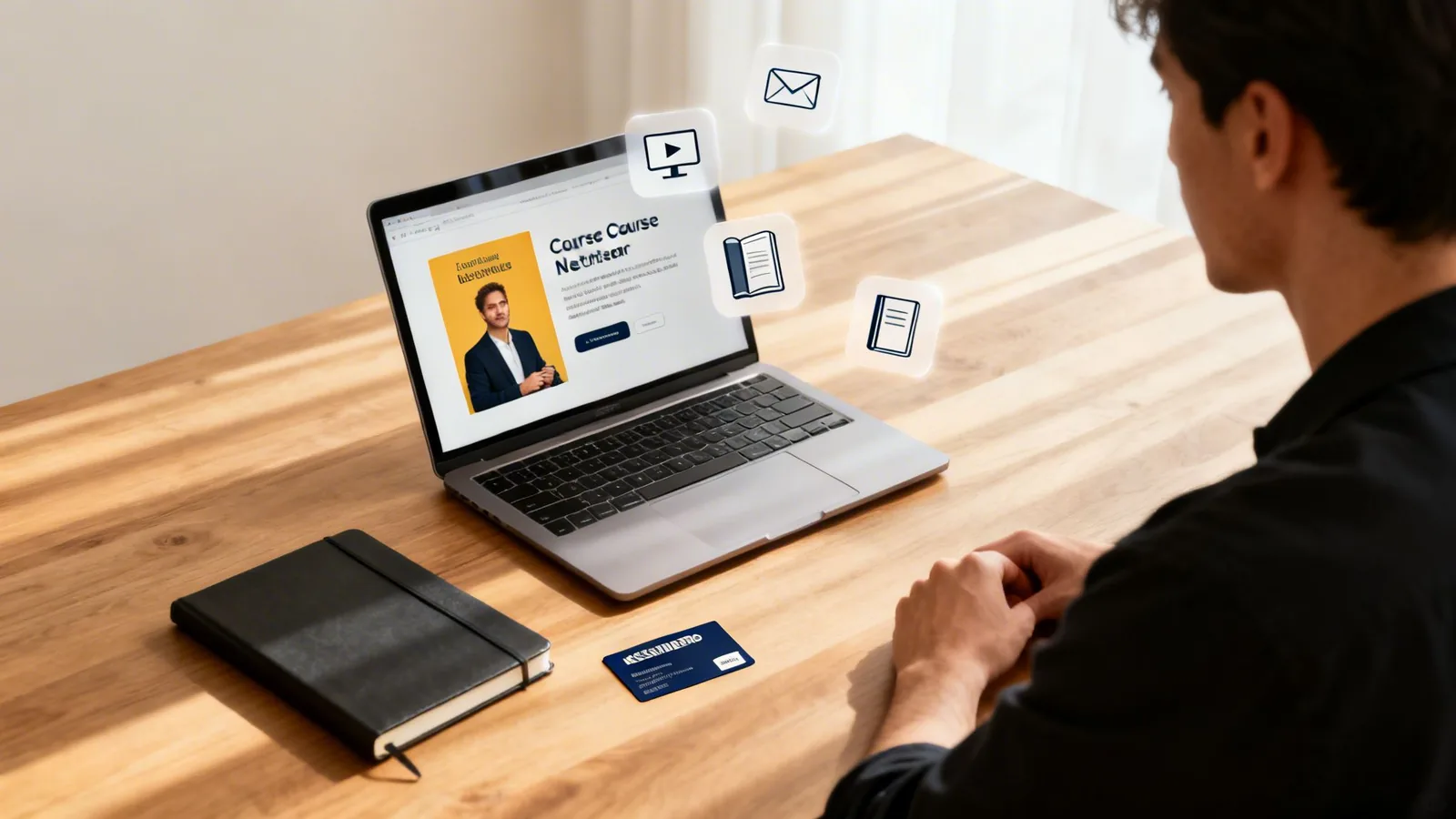 A man views an online course on a laptop, with digital learning icons floating around.