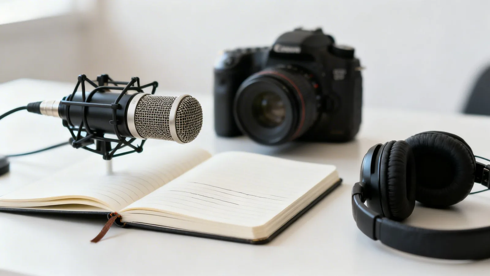 A white desk with a microphone, open notebook, camera, and headphones, ready for content creation.