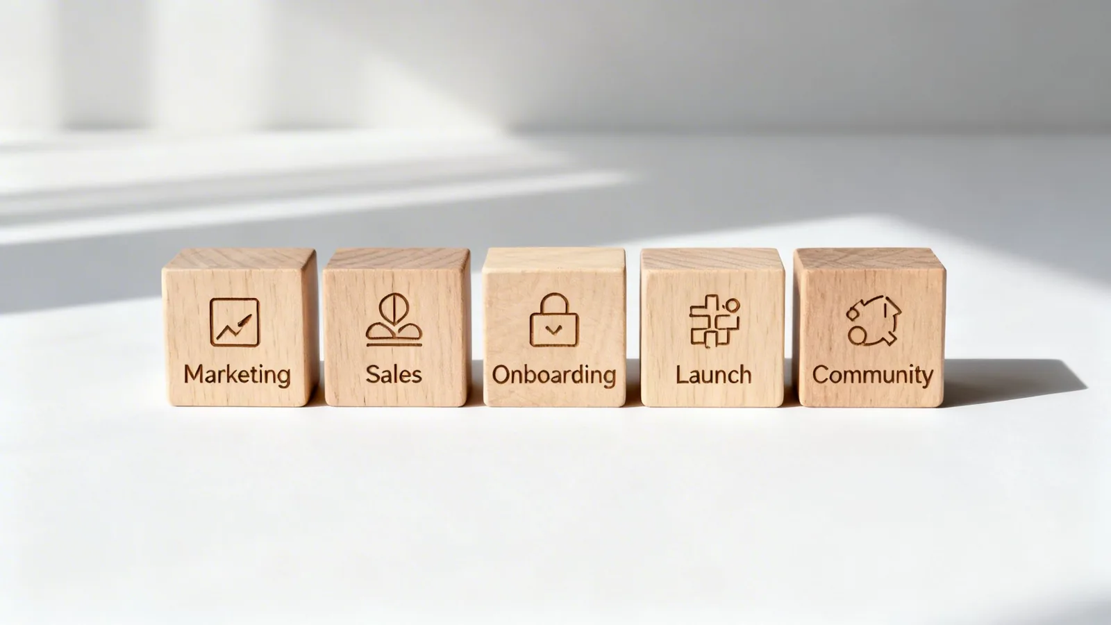 Five wooden blocks depicting business stages: Marketing, Sales, Onboarding, Launch, and Community, on a white surface.