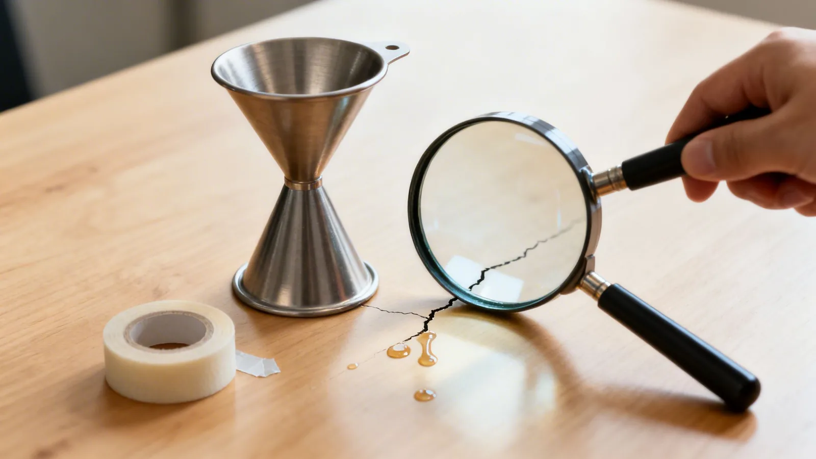 A hand uses a magnifying glass to inspect a crack on a wooden table with spilled liquid, a jigger, and tape.