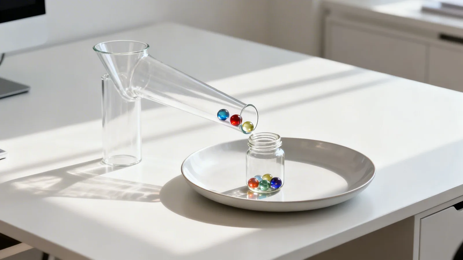 Colorful marbles rolling down a clear glass funnel into a small jar on a white desk.