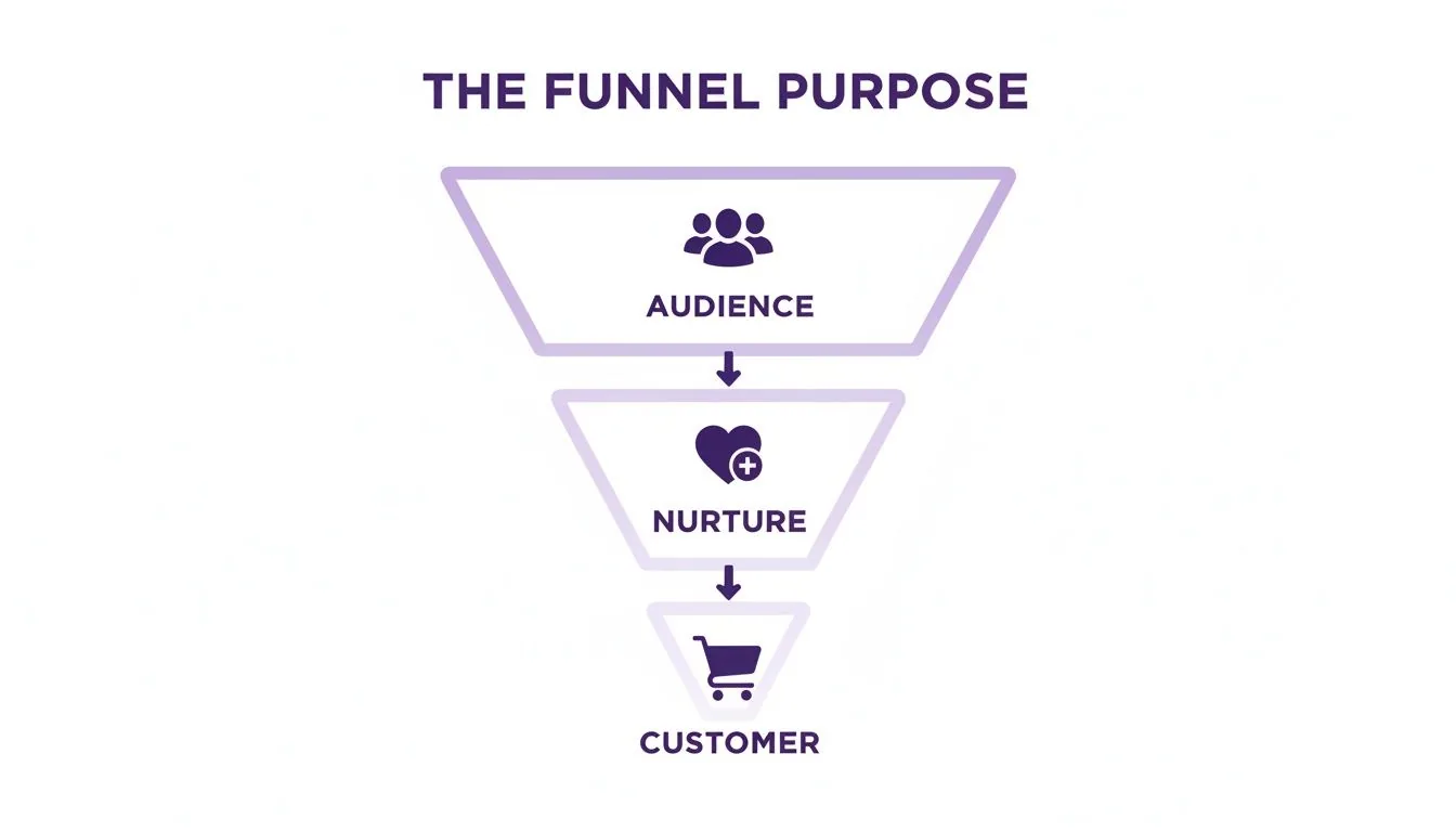A marketing funnel diagram illustrating the stages from Audience to Nurture to Customer.