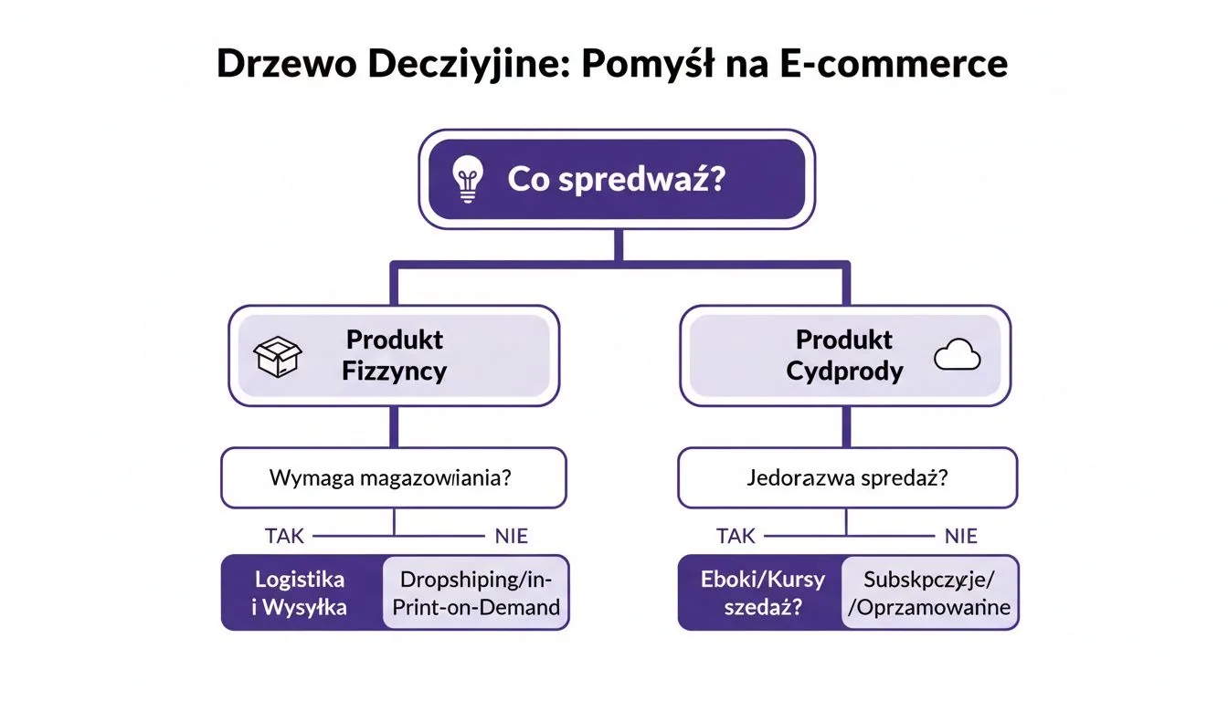 Drzewo decyzyjne dla e-commerce, pomagające wybrać rodzaj produktu (fizyczny czy cyfrowy) i strategię sprzedaży.