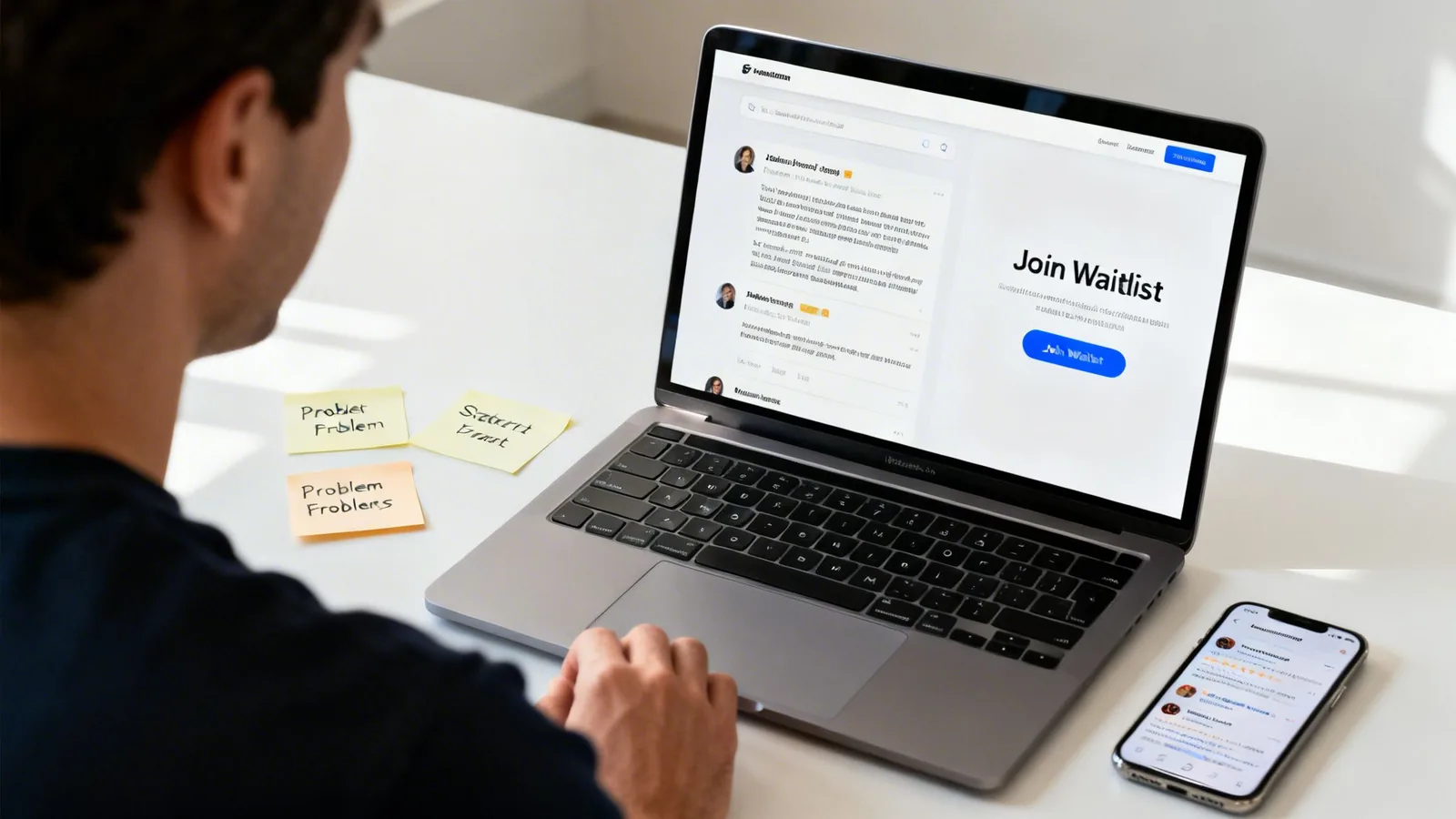 A person brainstorming ideas with sticky notes, a laptop showing a waitlist, and a smartphone.