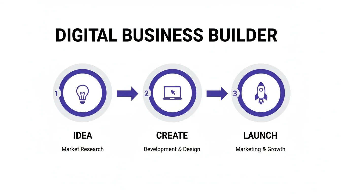 A three-step infographic outlining the digital business builder process: Idea, Create, and Launch.