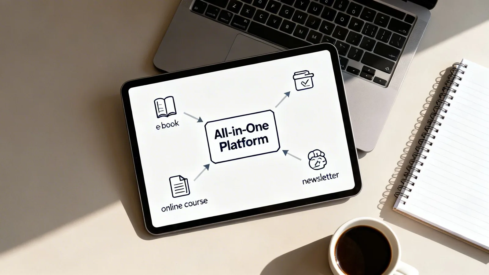 Top-down view of a tablet displaying an 'All-in-One Platform' diagram for digital products.