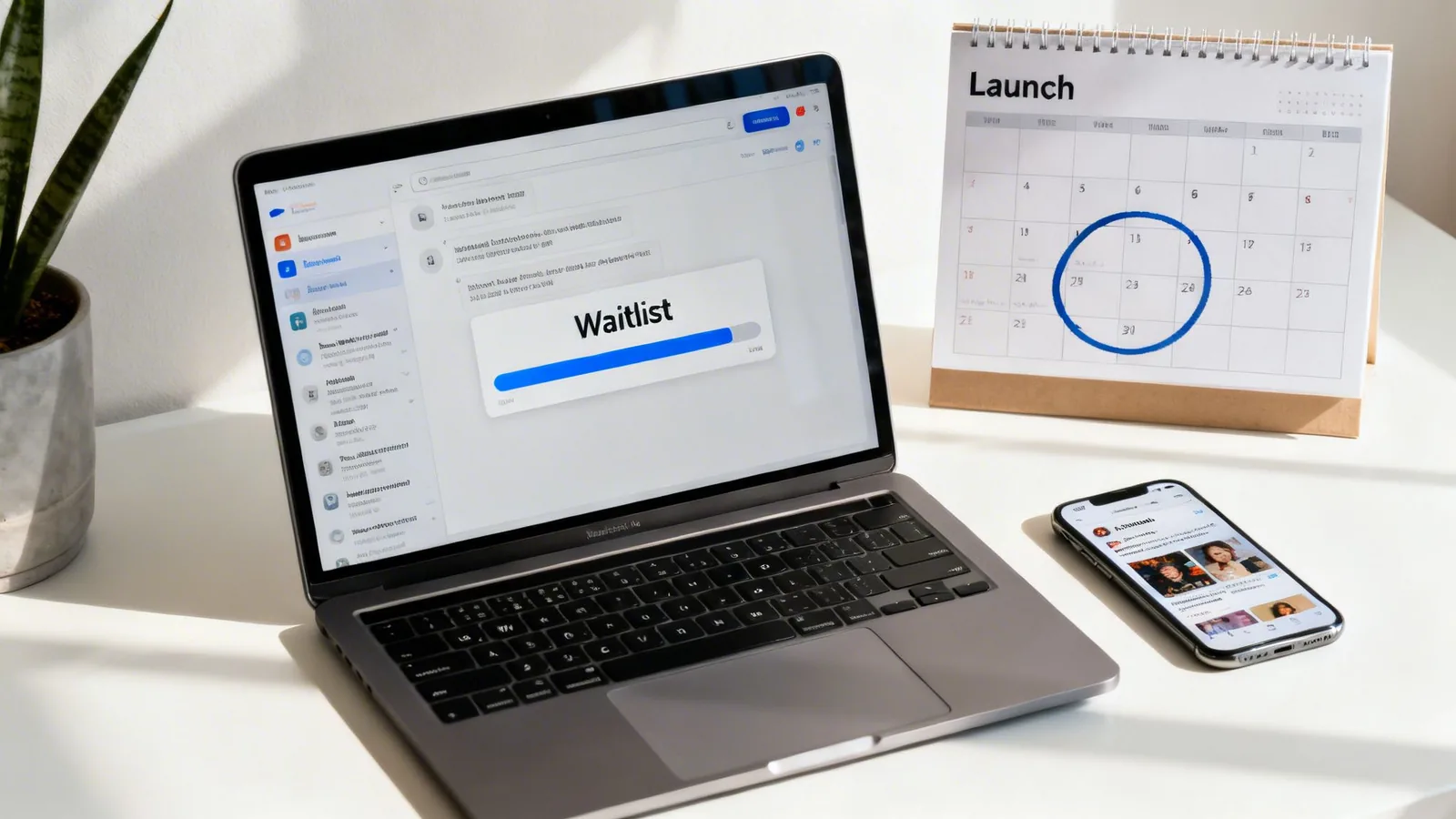 A modern desk setup with a laptop showing a 'Waitlist' screen, a 'Launch' calendar, and a smartphone.