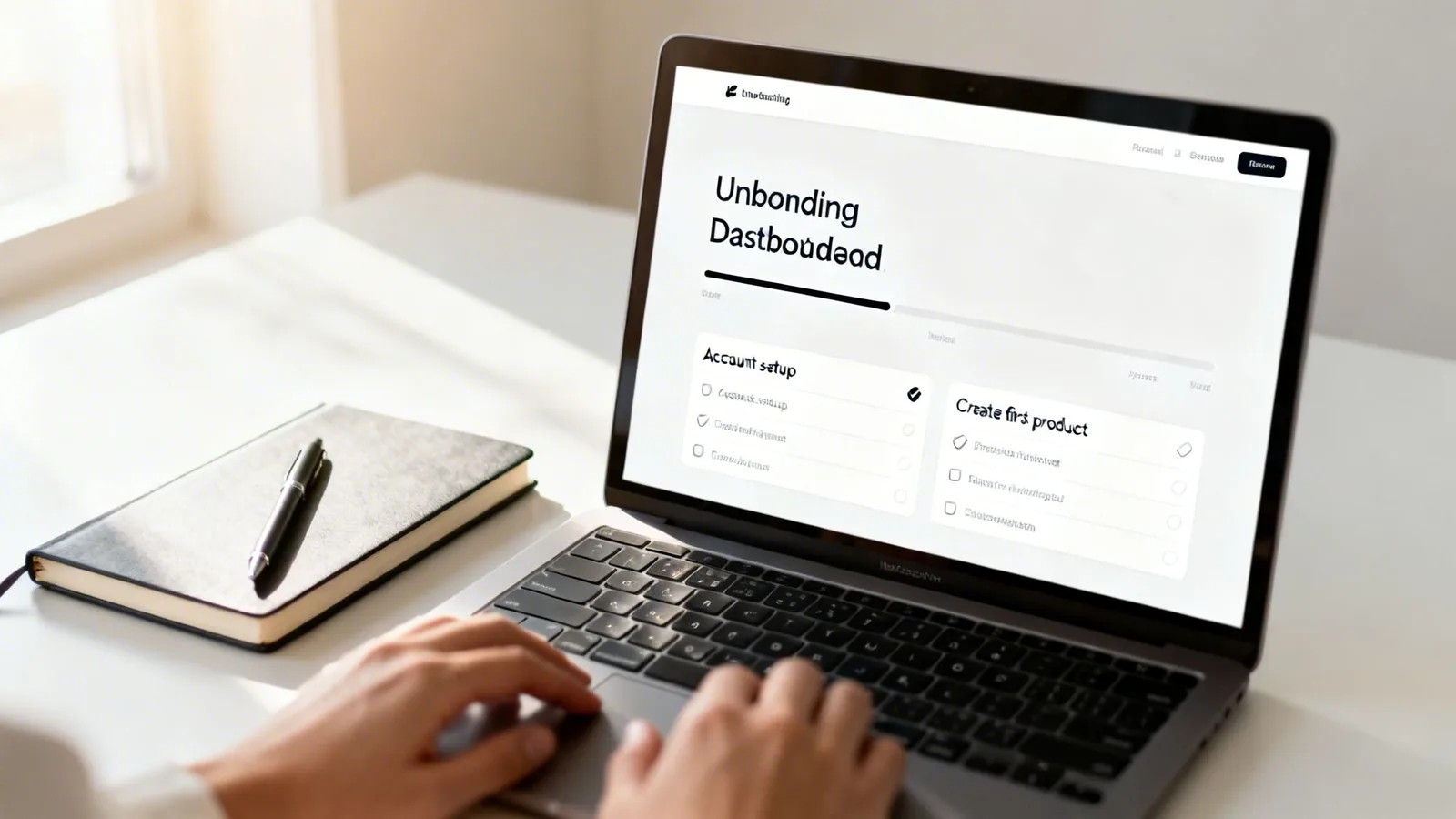 Hands typing on a laptop displaying an 'Unbonding' onboarding checklist, with a notebook and pen.