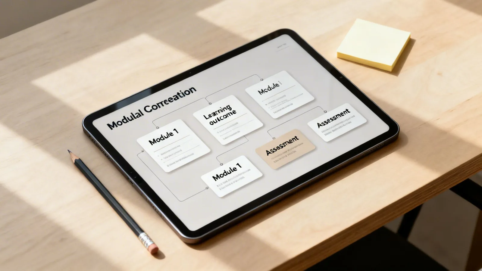 A tablet on a wooden desk displays a 'Modular Correlation' diagram for learning and assessment.
