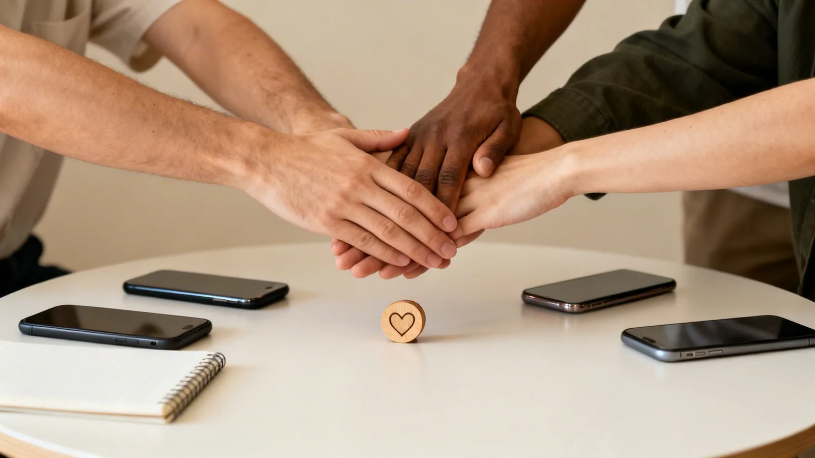 Diverse hands stacked together on a table with smartphones and a heart symbol, representing unity and connection.