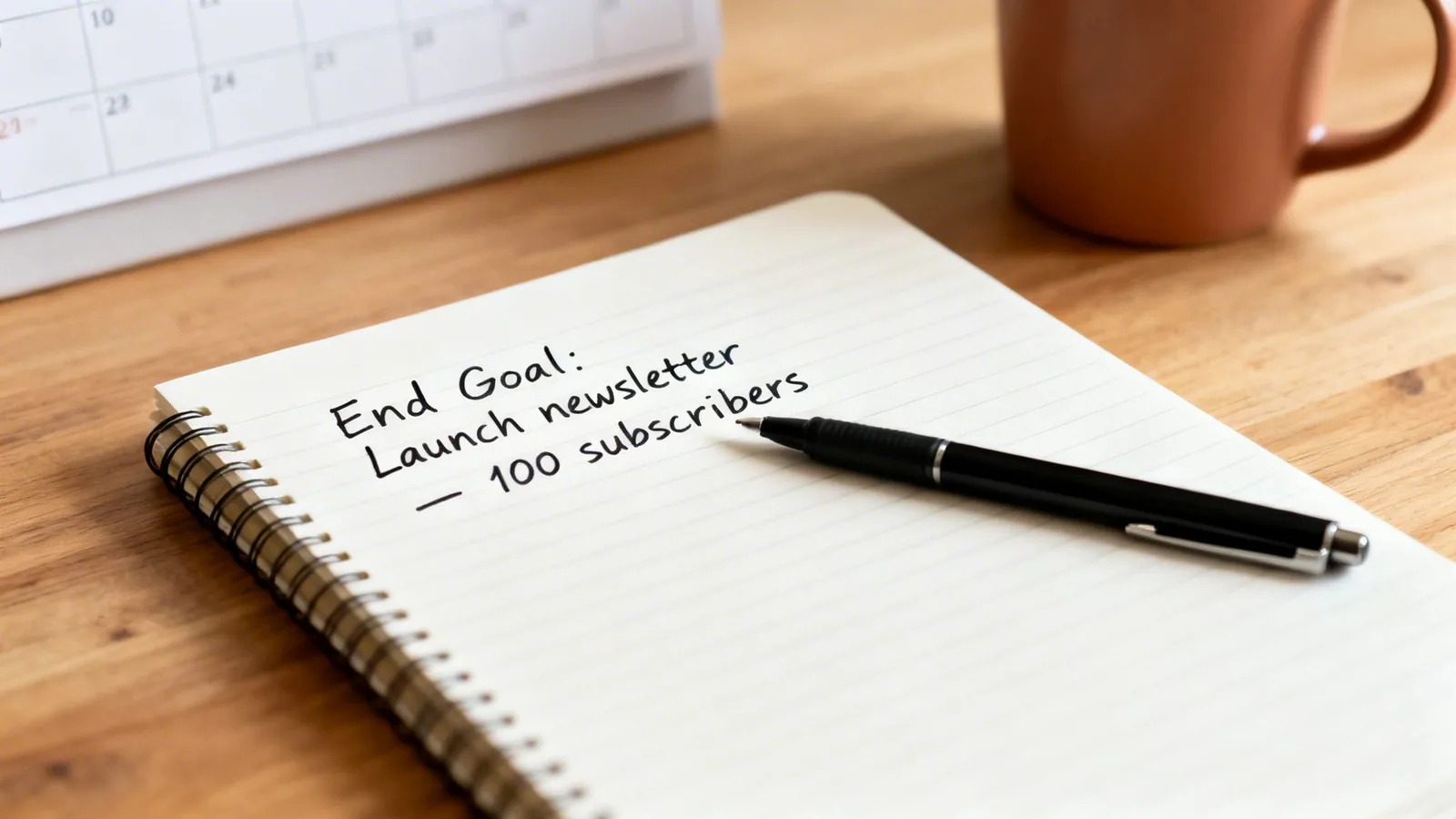 A spiral notebook on a wooden desk with a pen, displaying the handwritten goal: 'Launch newsletter - 100 subscribers'.