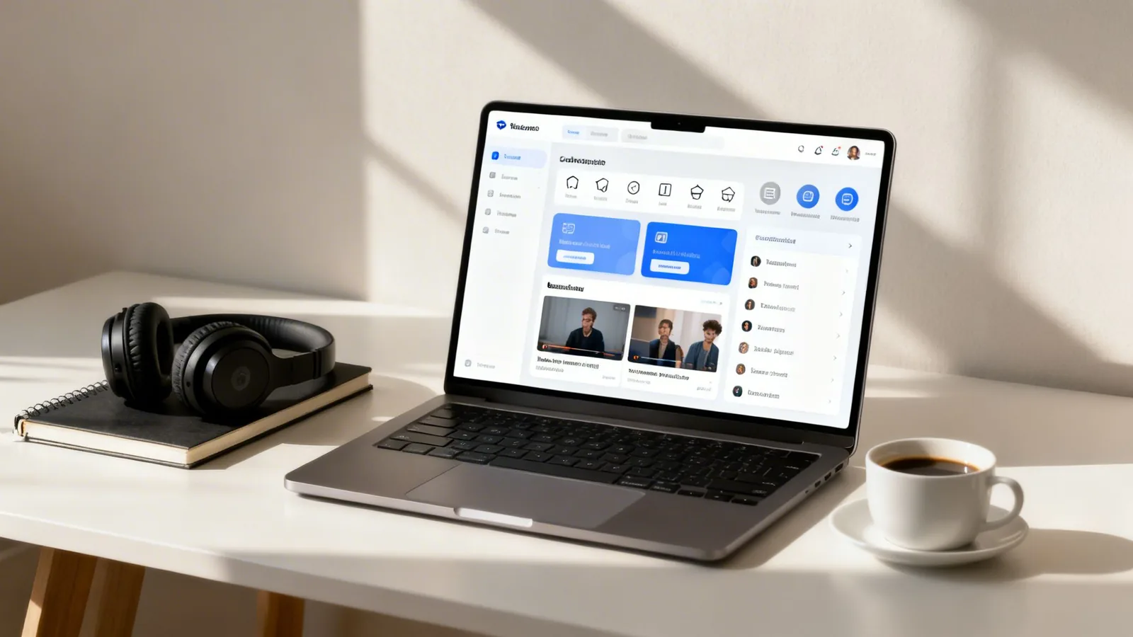 Laptop na białym biurku z otwartą stroną internetową, obok słuchawki, notatnik i filiżanka kawy.