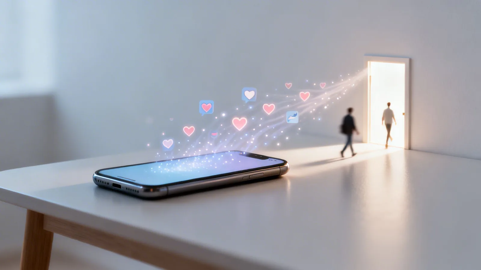 Smartfon emitujący ikony serc i wiadomości, prowadzące do jasnych drzwi, przez które przechodzą dwie osoby.