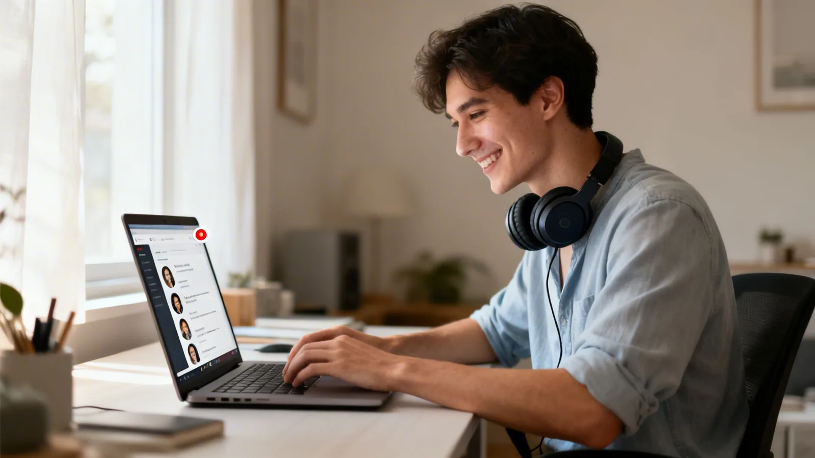 A smiling young man with headphones typing on a laptop, engaged in an online conversation.