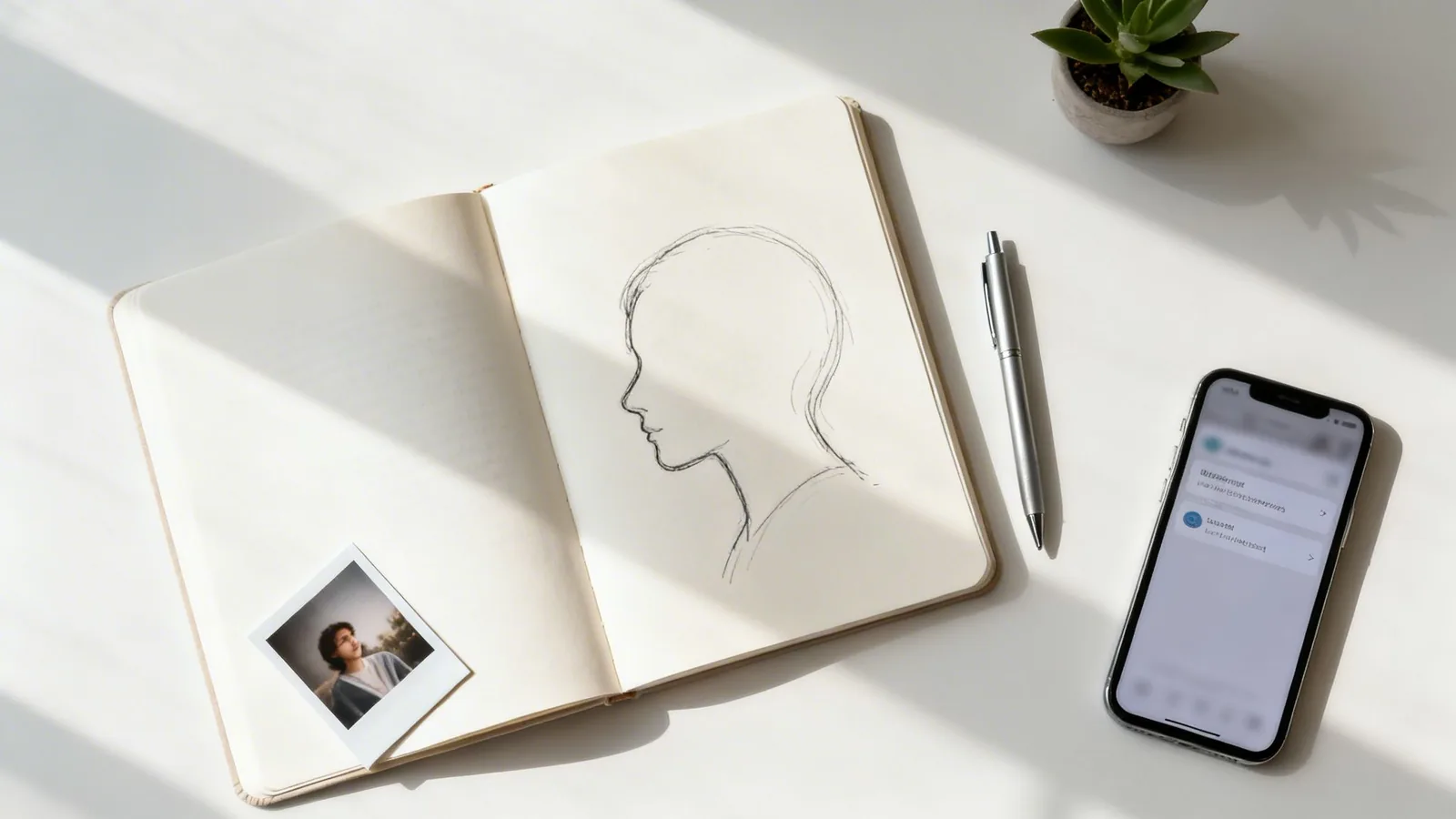 White desk with a sketchbook showing a profile drawing, polaroid, smartphone, pen, and plant.