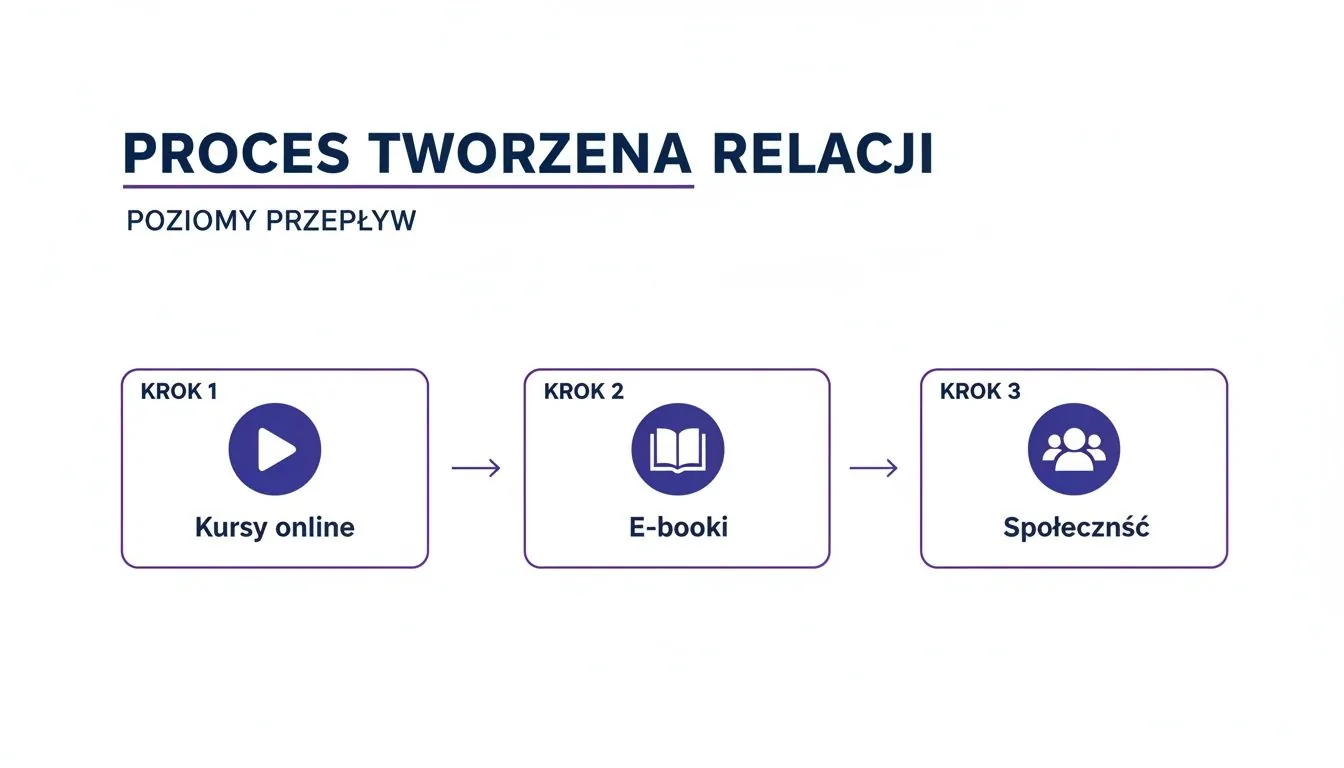 Schemat przedstawiający proces tworzenia relacji w trzech krokach: kursy online, e-booki i społeczność.