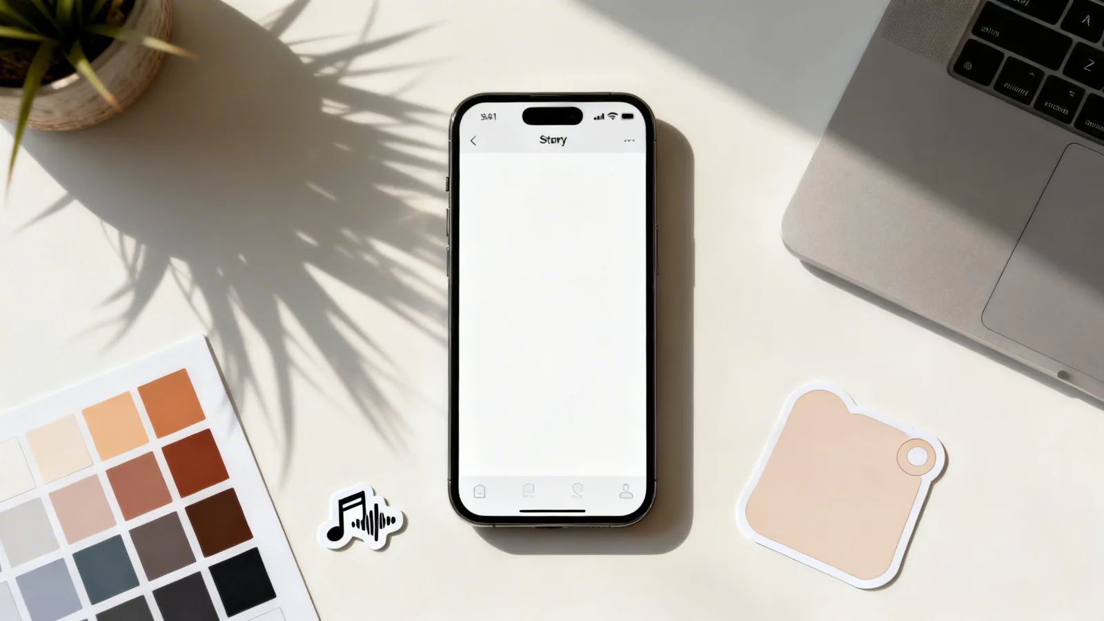 Minimalistyczny flat lay z iPhonem wyświetlającym pustą relację na Instagramie, laptopem, paletą kolorów i naklejką muzyczną.