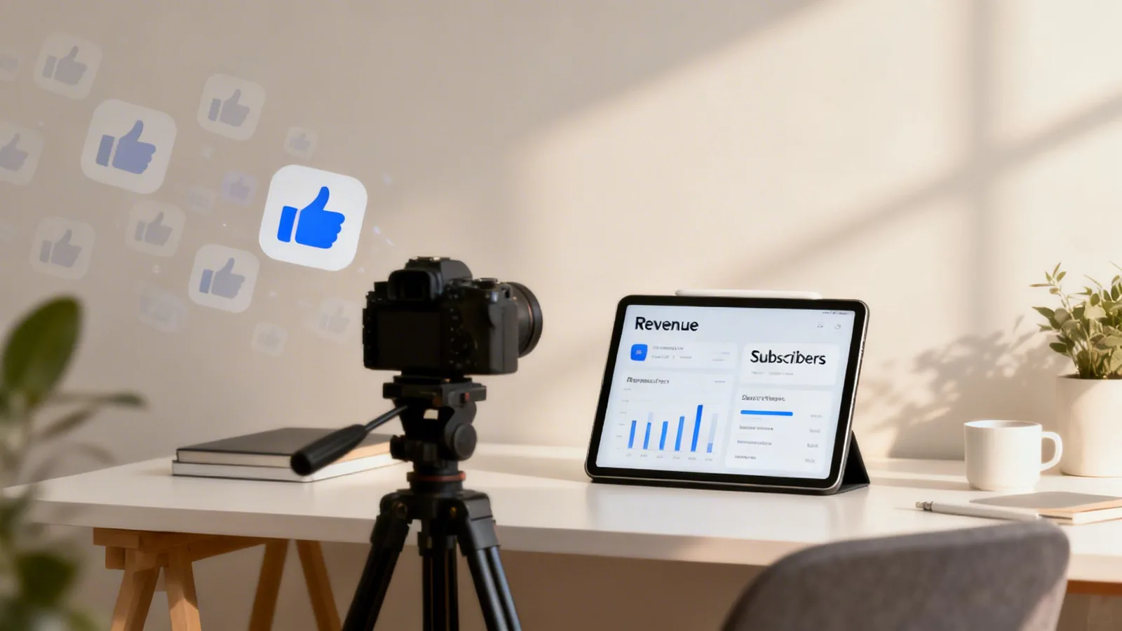 A digital camera and tablet displaying subscriber data with social media like icons, suggesting content creation.