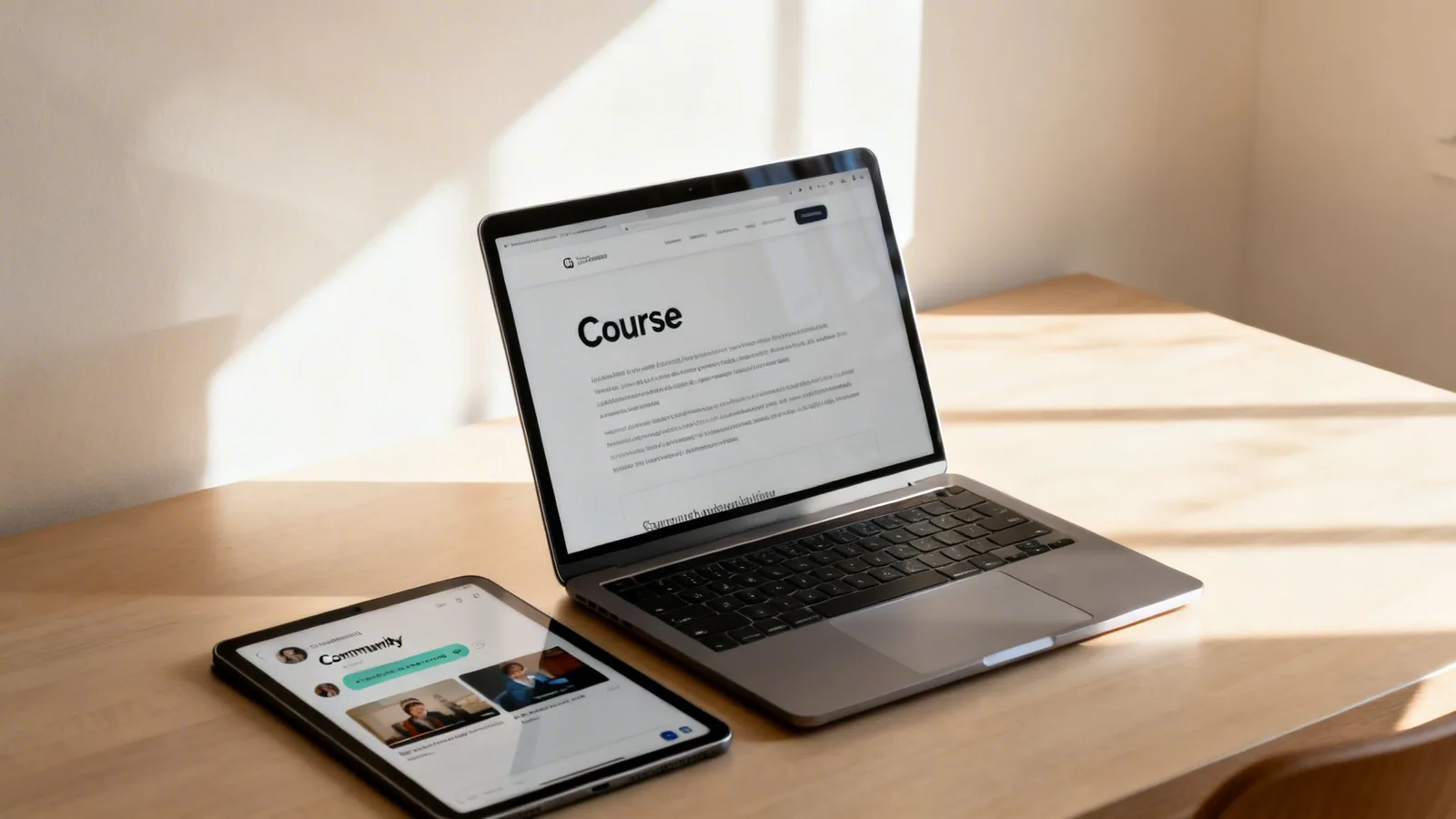 A laptop displaying a 'Course' page and a tablet showing a 'Community' feed on a sunny wooden desk.