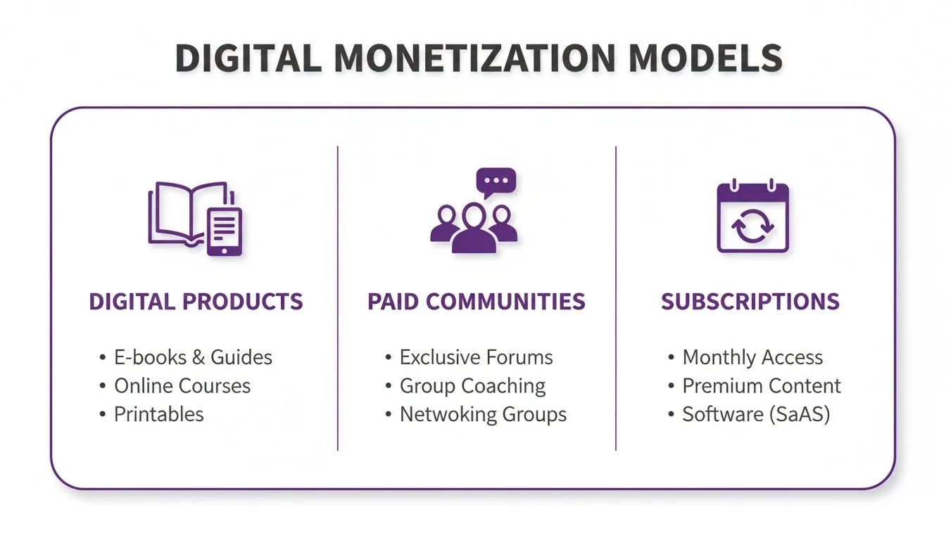 A diagram illustrating digital monetization models, categorized into digital products, paid communities, and subscriptions with examples.