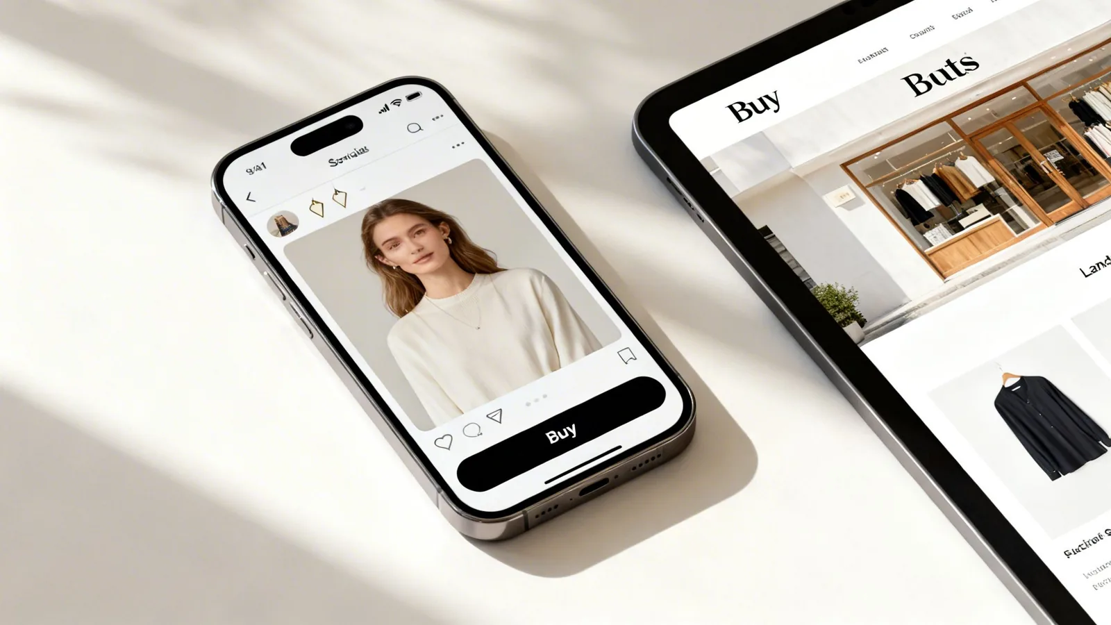 A smartphone and tablet display an e-commerce social media post and online store, showcasing fashion items.
