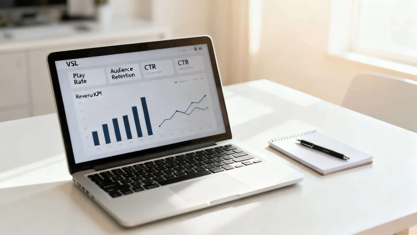 Laptop displaying marketing analytics for VSL, play rate, and revenue KPIs, on a white desk.